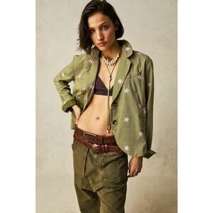 NWT $198 Free People Cali Printed Blazer Jacket XS Green Daisy Flower Pink